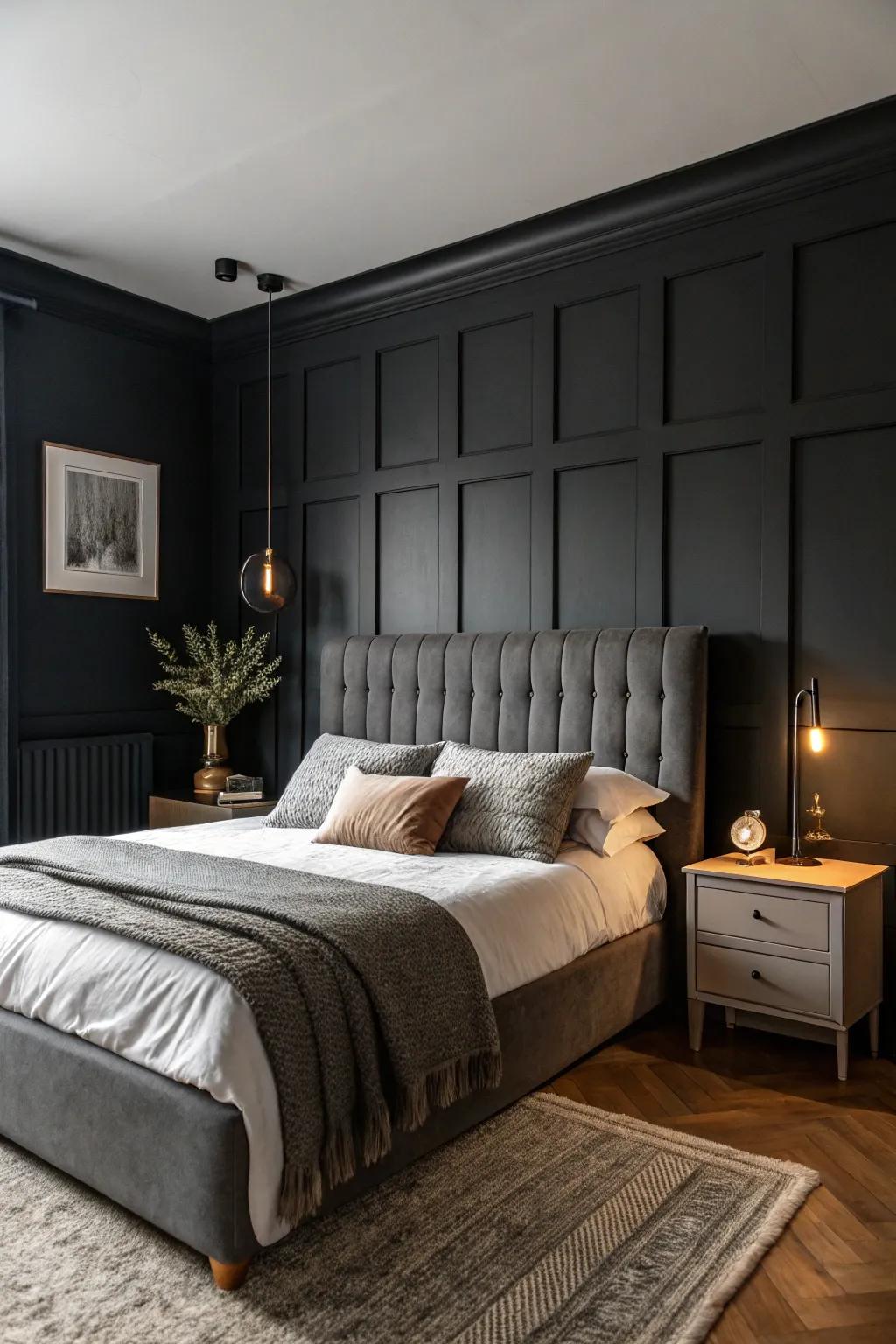 Somber walls coupled with a grey headboard to achieve a sensational and snug boudoir.