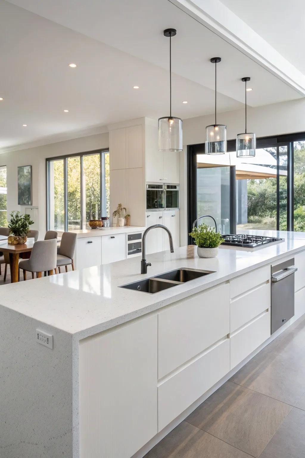 A sleek kitchen design highlighted by seamless all-in-one surfaces that enhance its contemporary appeal.