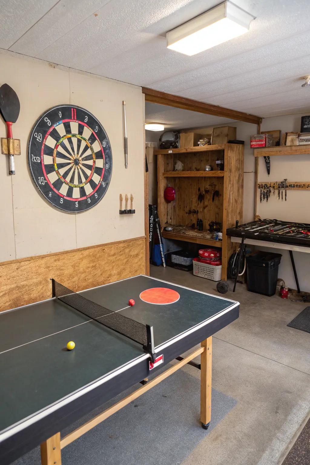 A sport and games area adds lively energy to the garage.