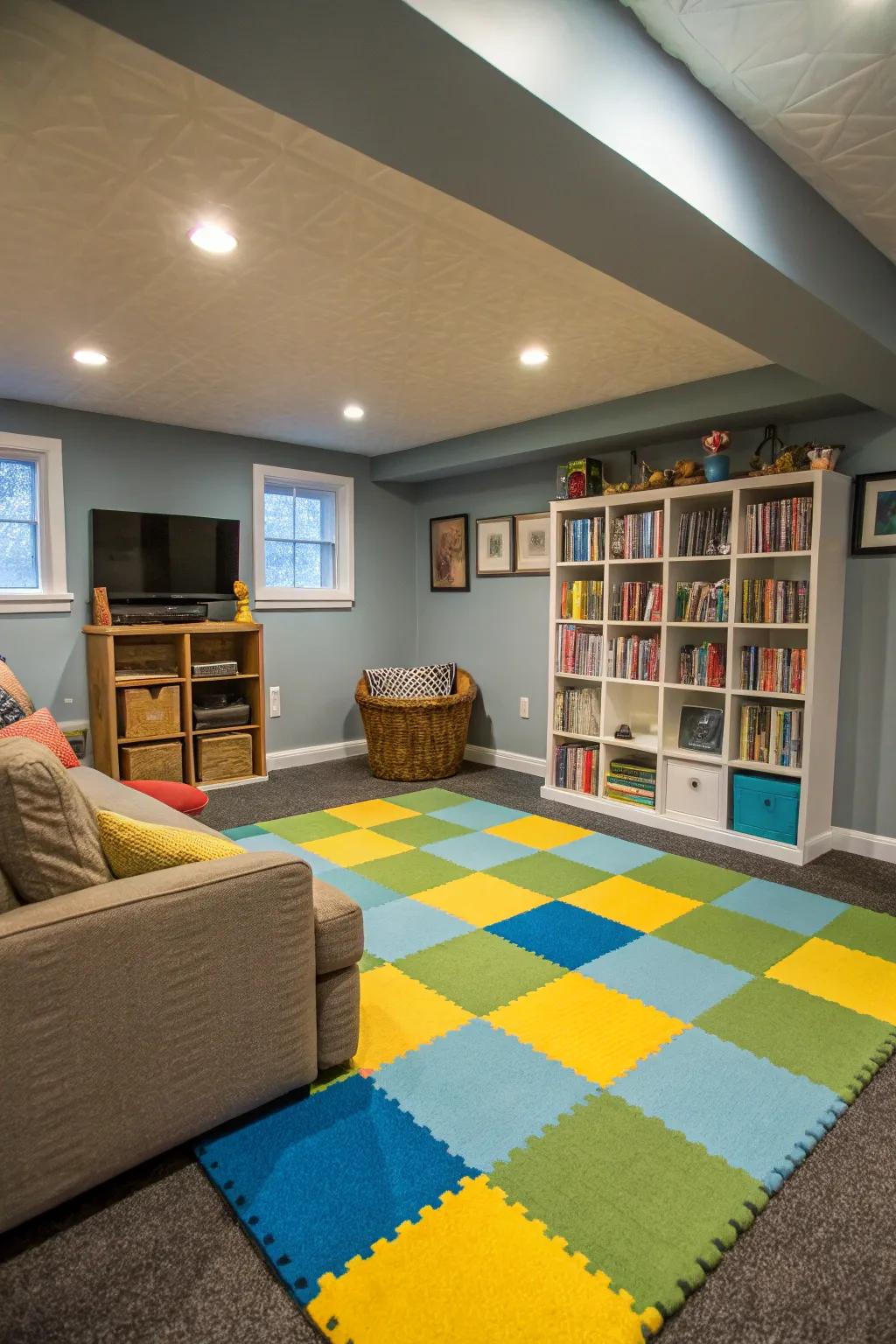 Carpet tiles offer a gentle and cozy flooring option for family-oriented basements.