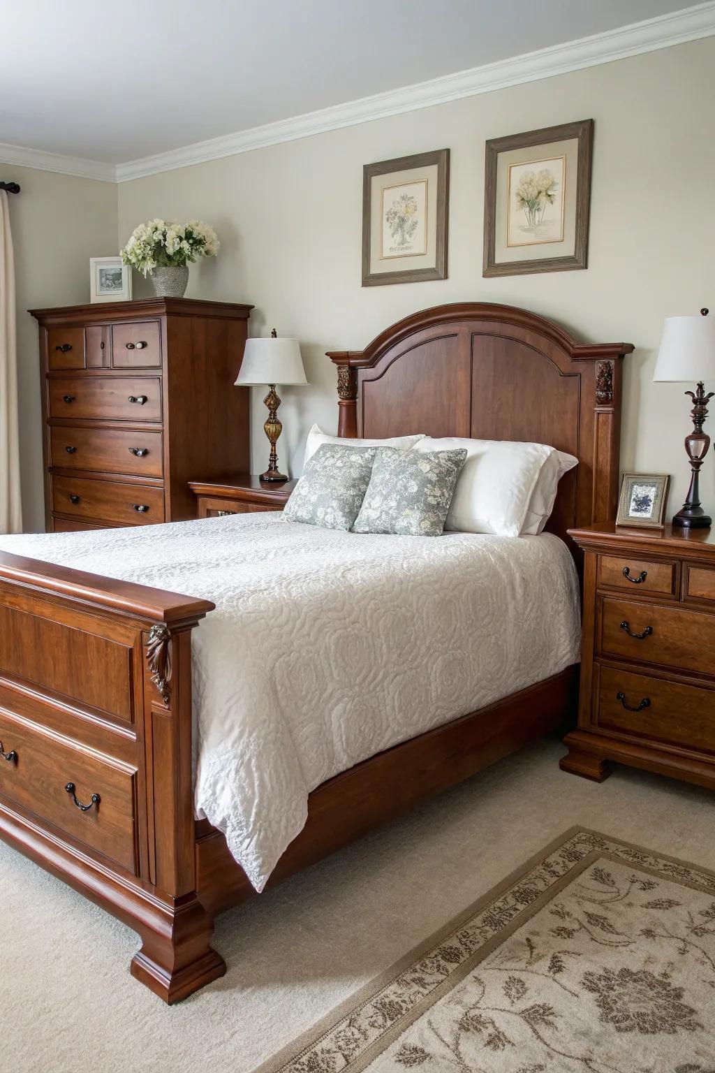 Traditional walnut wood furniture pieces as the focal item in a bedroom.