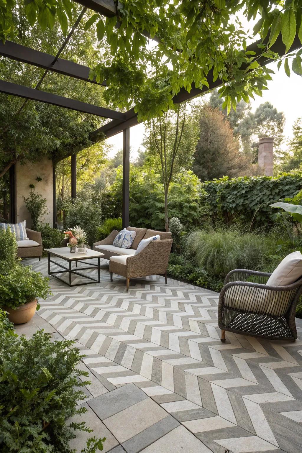 Herringbone tiles create a harmonious flow between indoor and outdoor living areas on this patio.