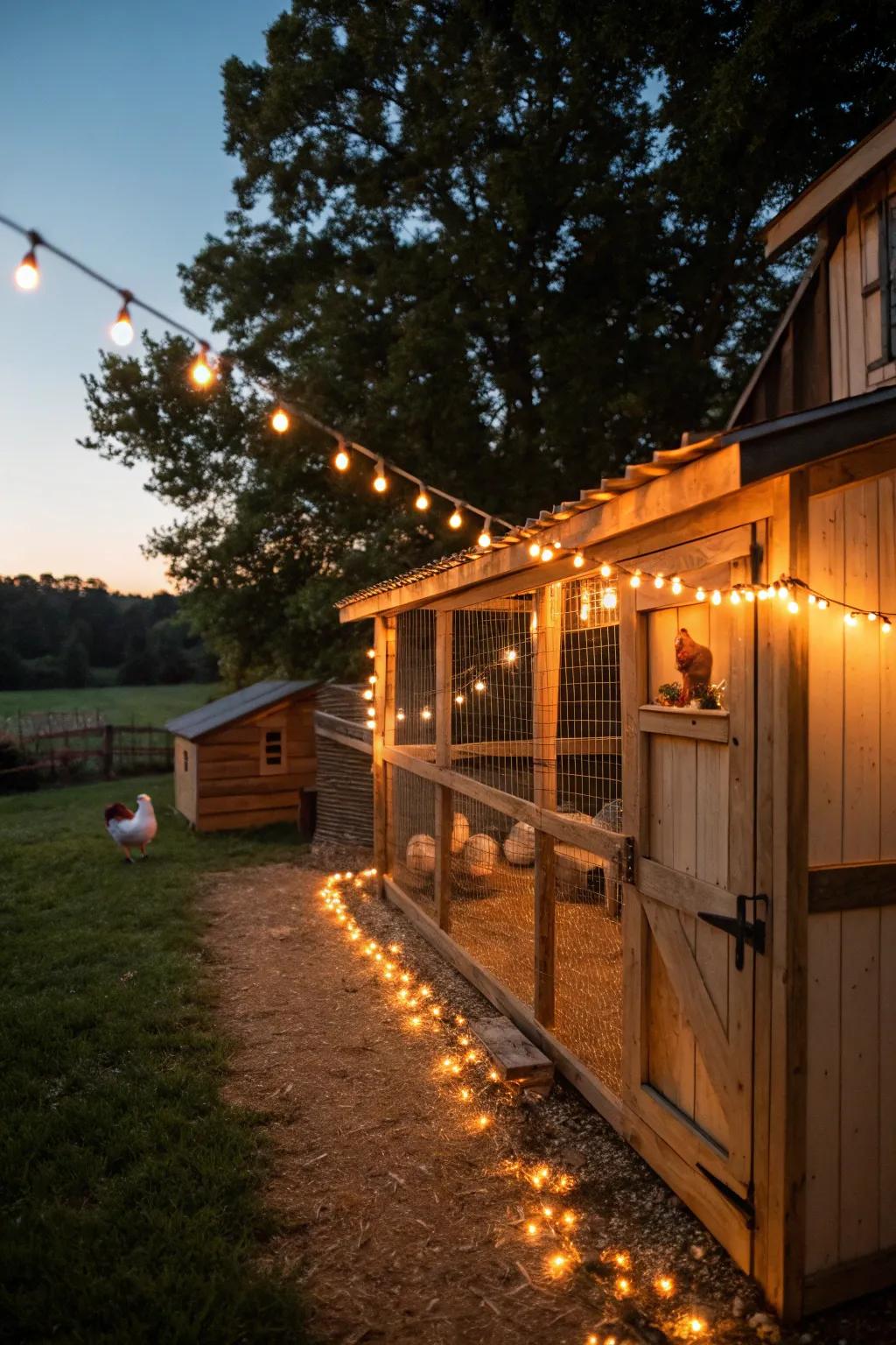String lights contribute a snug and enchanting atmosphere to your coop.