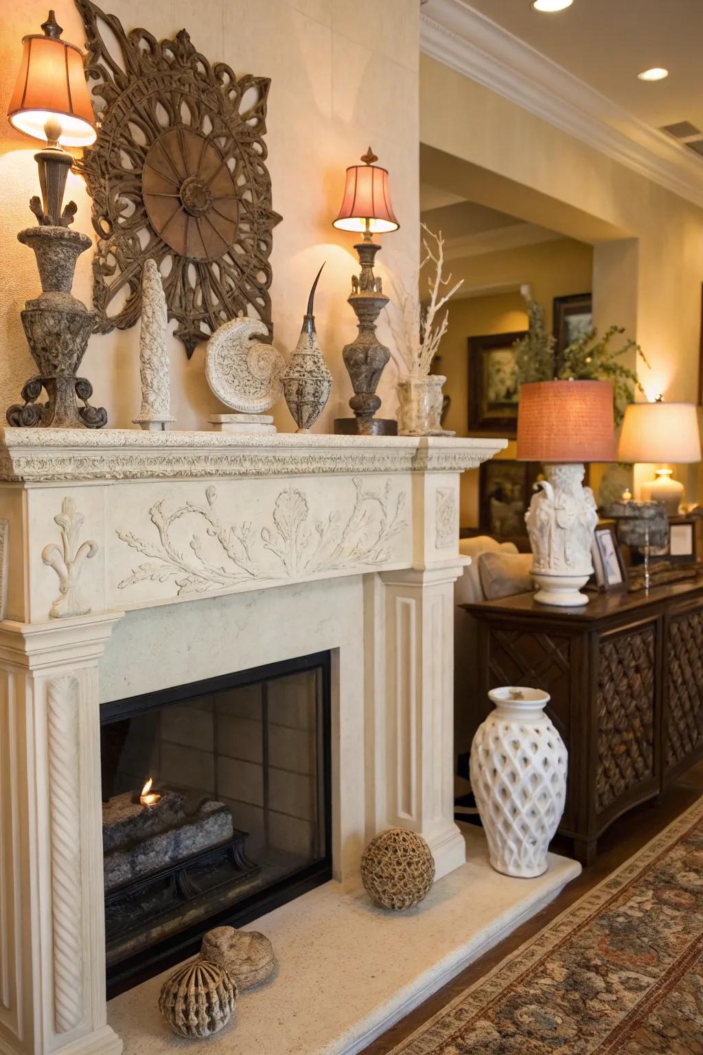 Sculptures on the mantel provide artistic depth and visual curiosity.