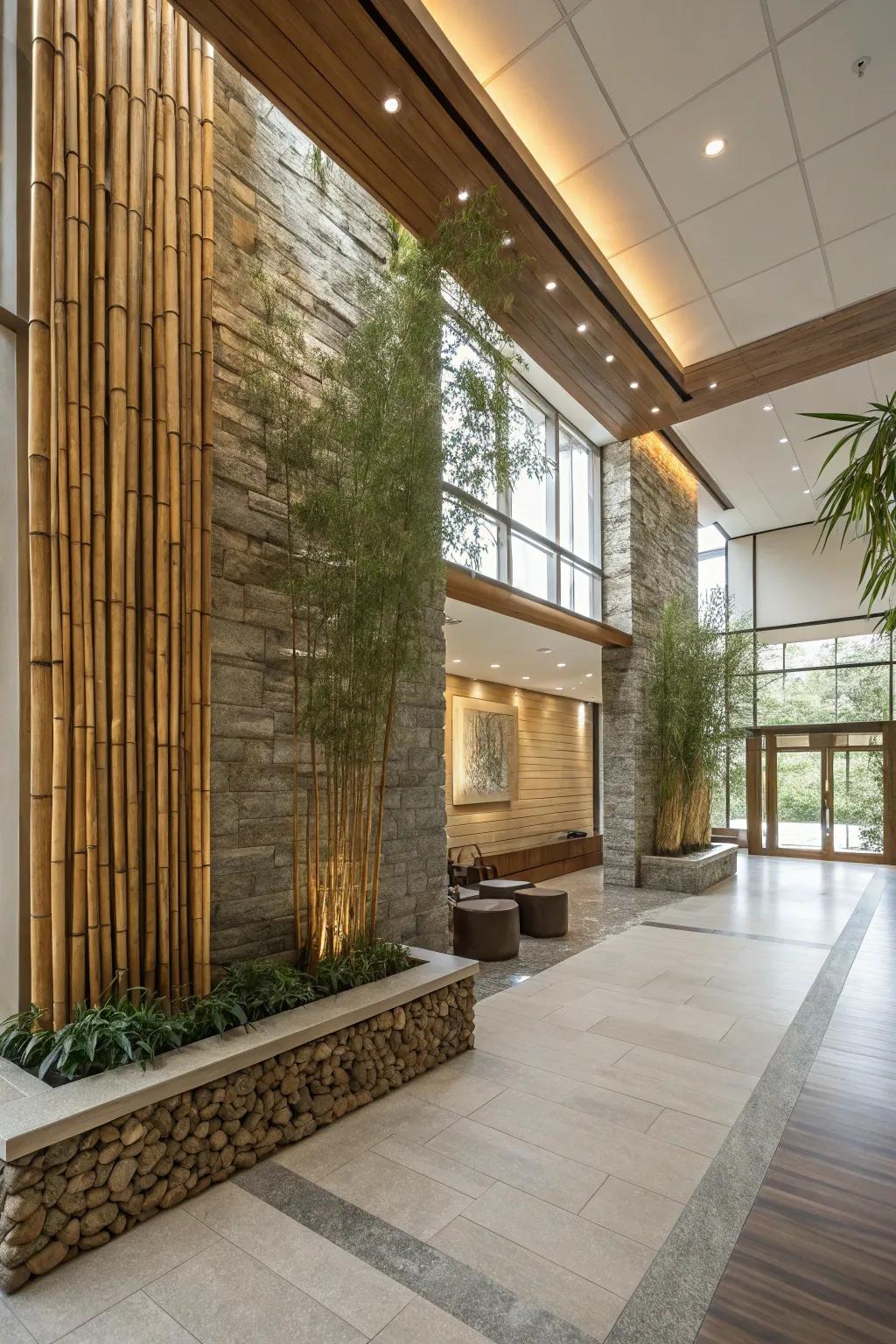 Organic bamboo and stone components bringing warmth to the lobby.