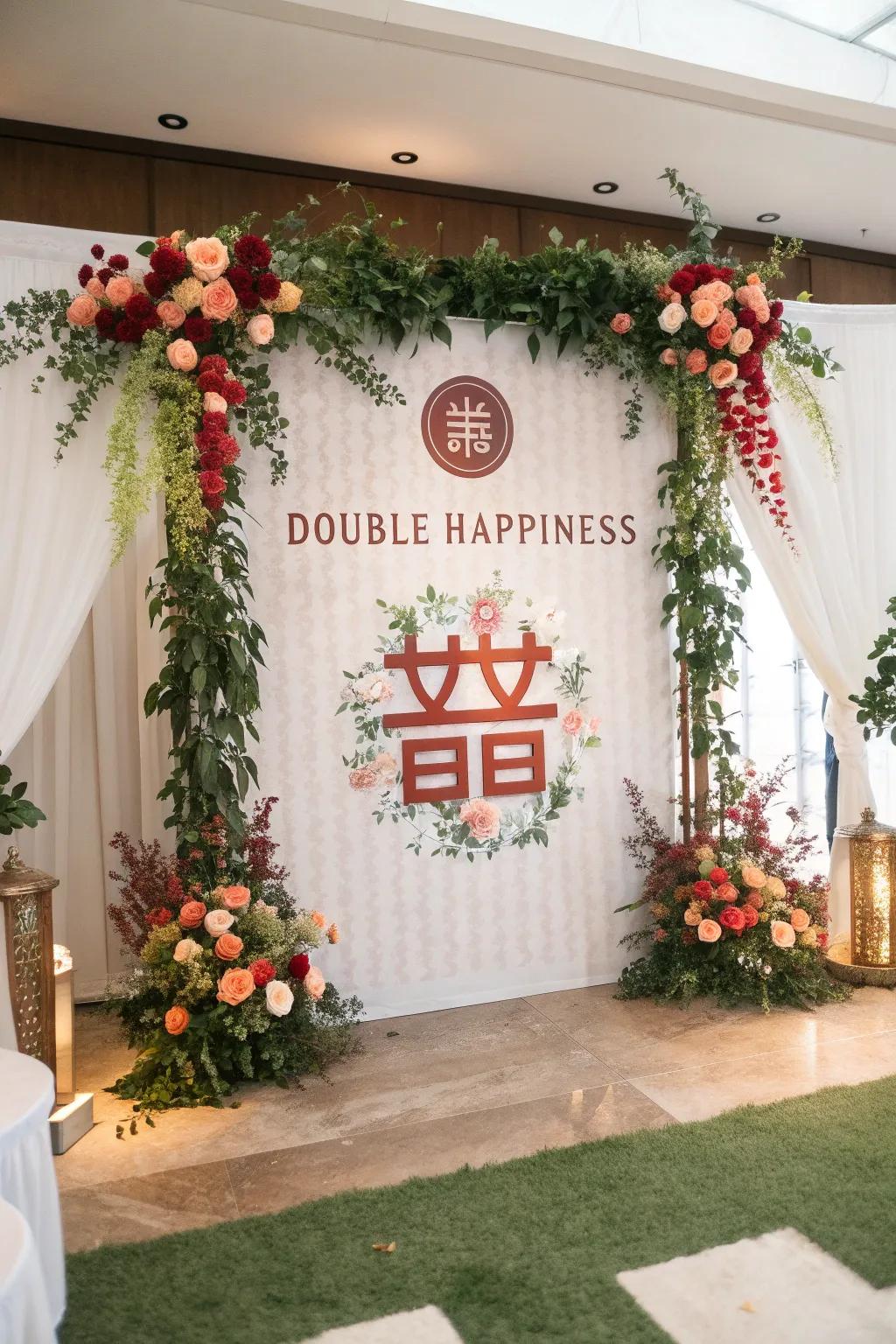 A gorgeous wedding backdrop adorned with traditional emblems.