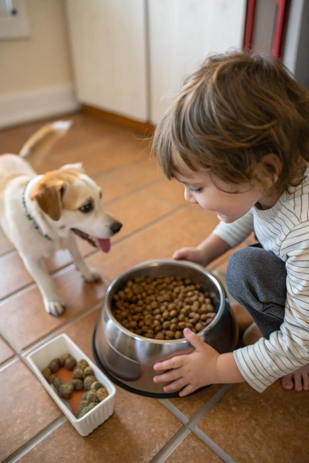 A child nourishing their pet, fostering a caring connection.