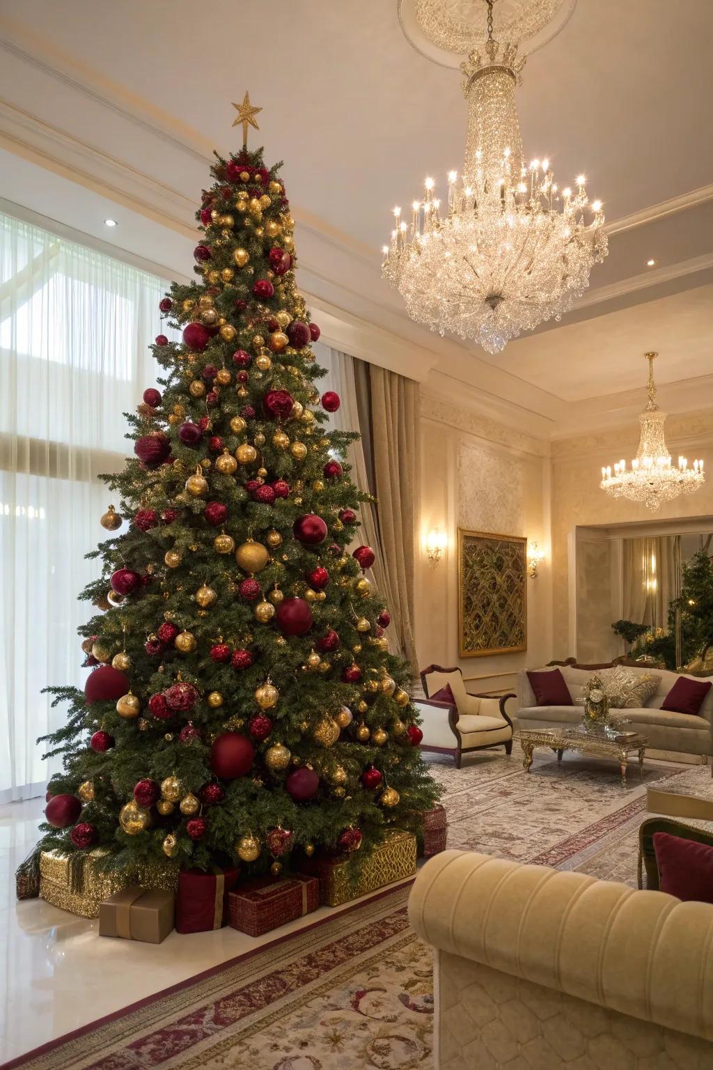 Maroon and aureate create a rich, luxurious Christmas setting.
