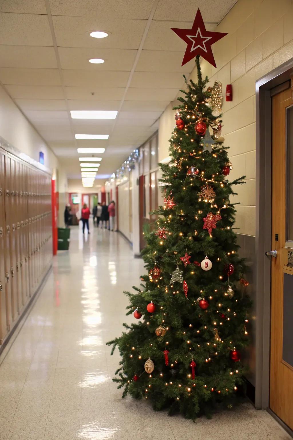 A classic Christmas tree decorates this school door.