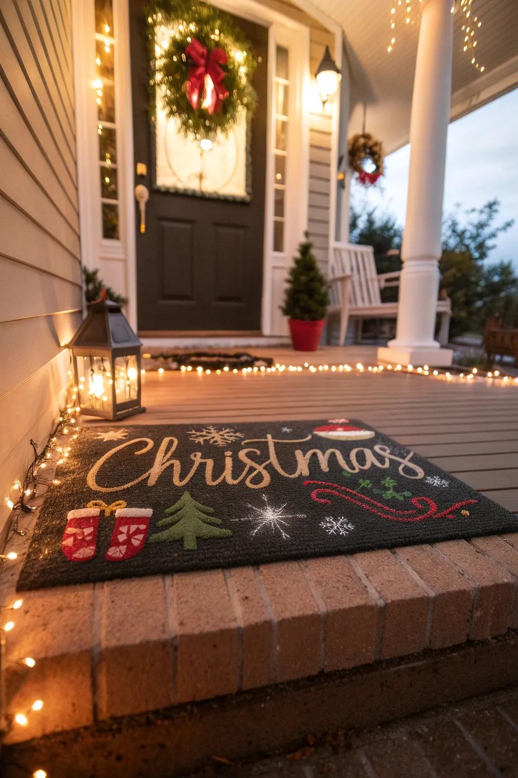A personalized entrance mat extending a holiday greeting, setting a cheerful tone for guests.