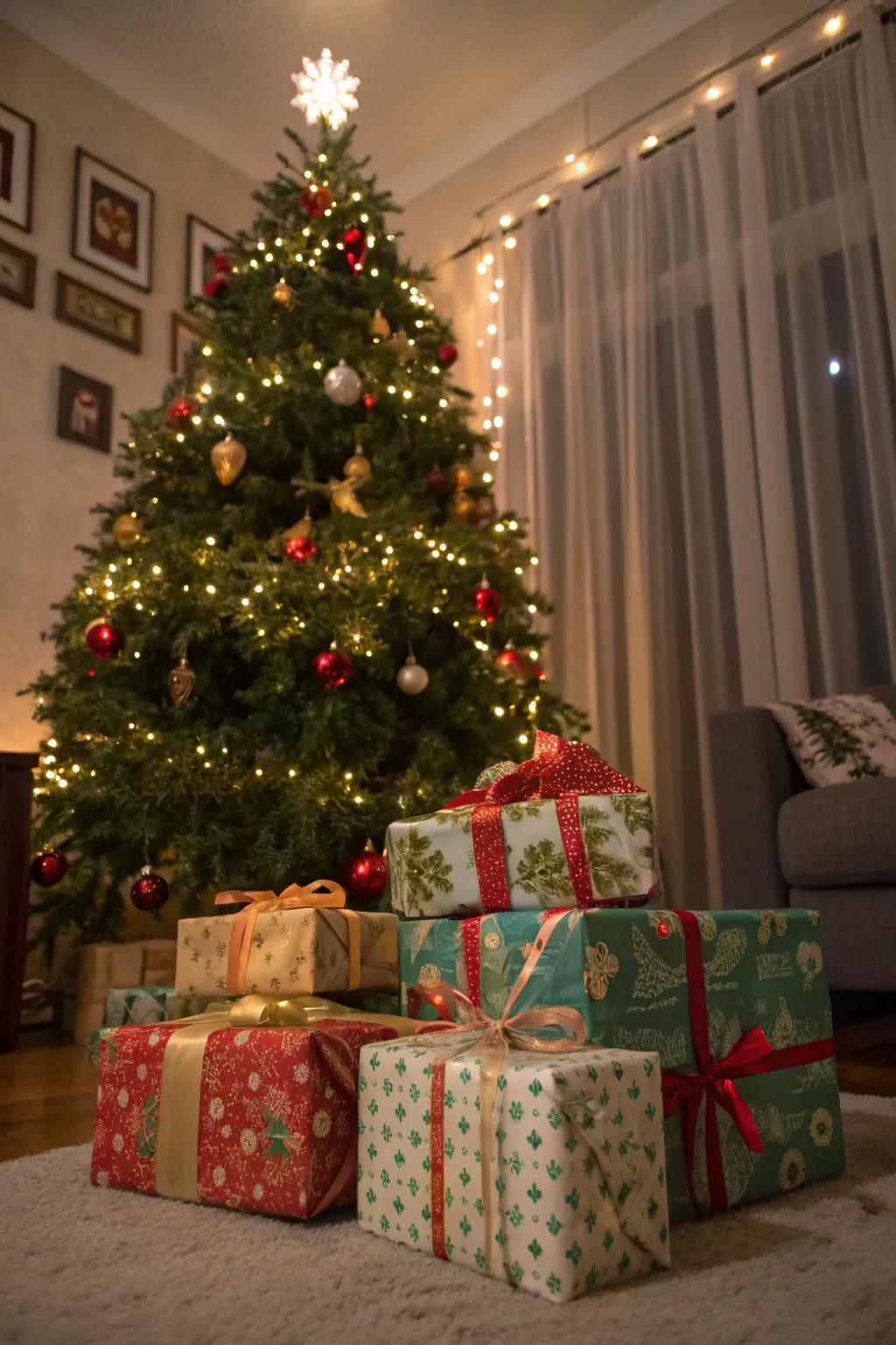 Gifts perfectly arranged beneath a traditional Christmas tree.