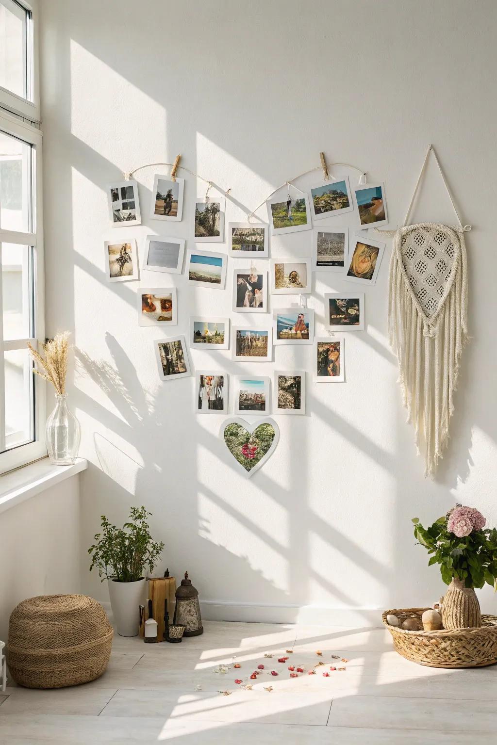 Relive the magic of memories with a heart-shaped snapshot montage, suited for minimalist and boho-inspired spaces.