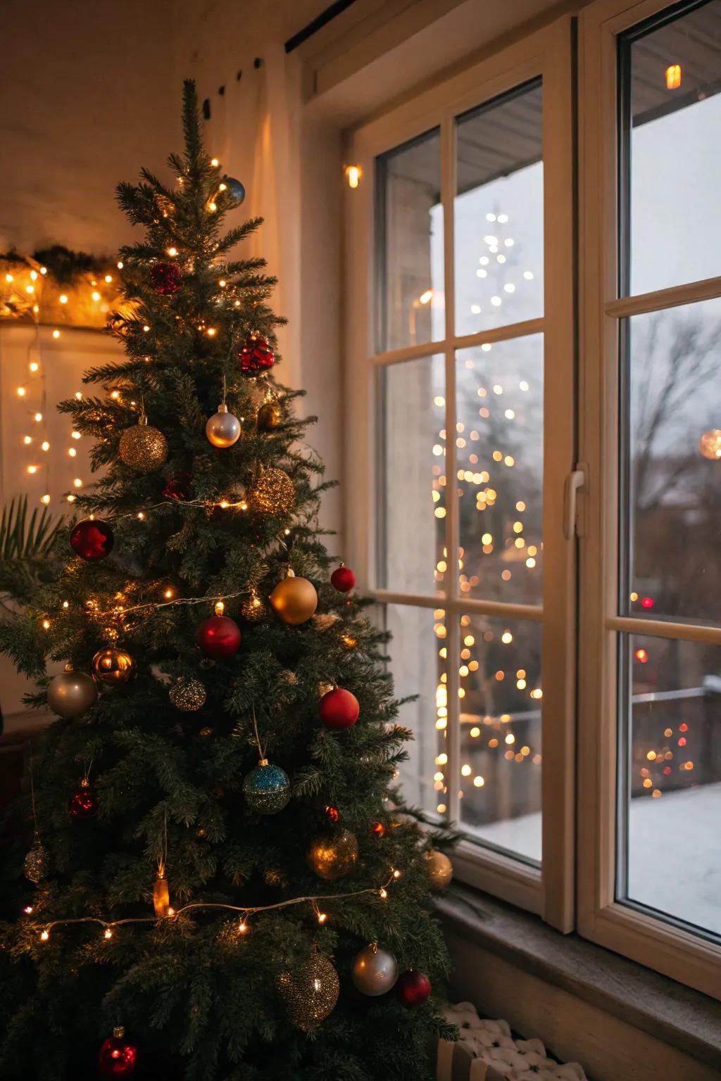 Tree lights mirrored in the window establish a shared celebratory display.