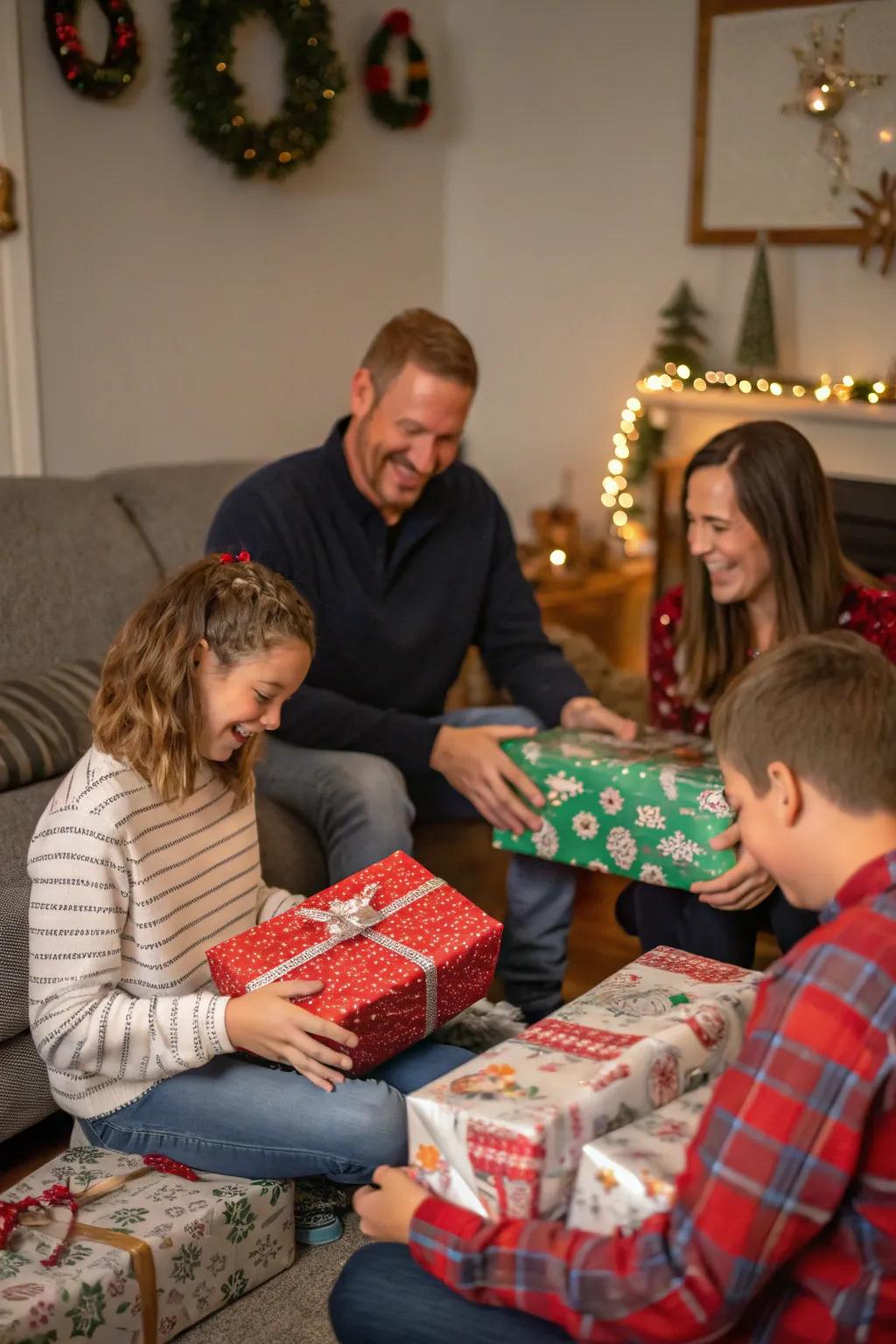 The joy of gift-giving captured with beautifully wrapped presents and delighted expressions.