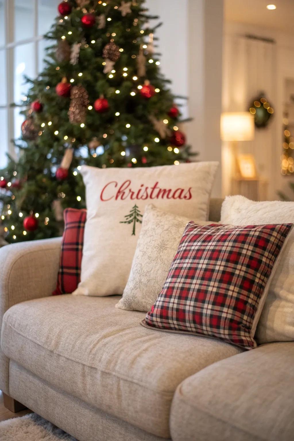 Cushions adorned with script, propagating festive happiness.