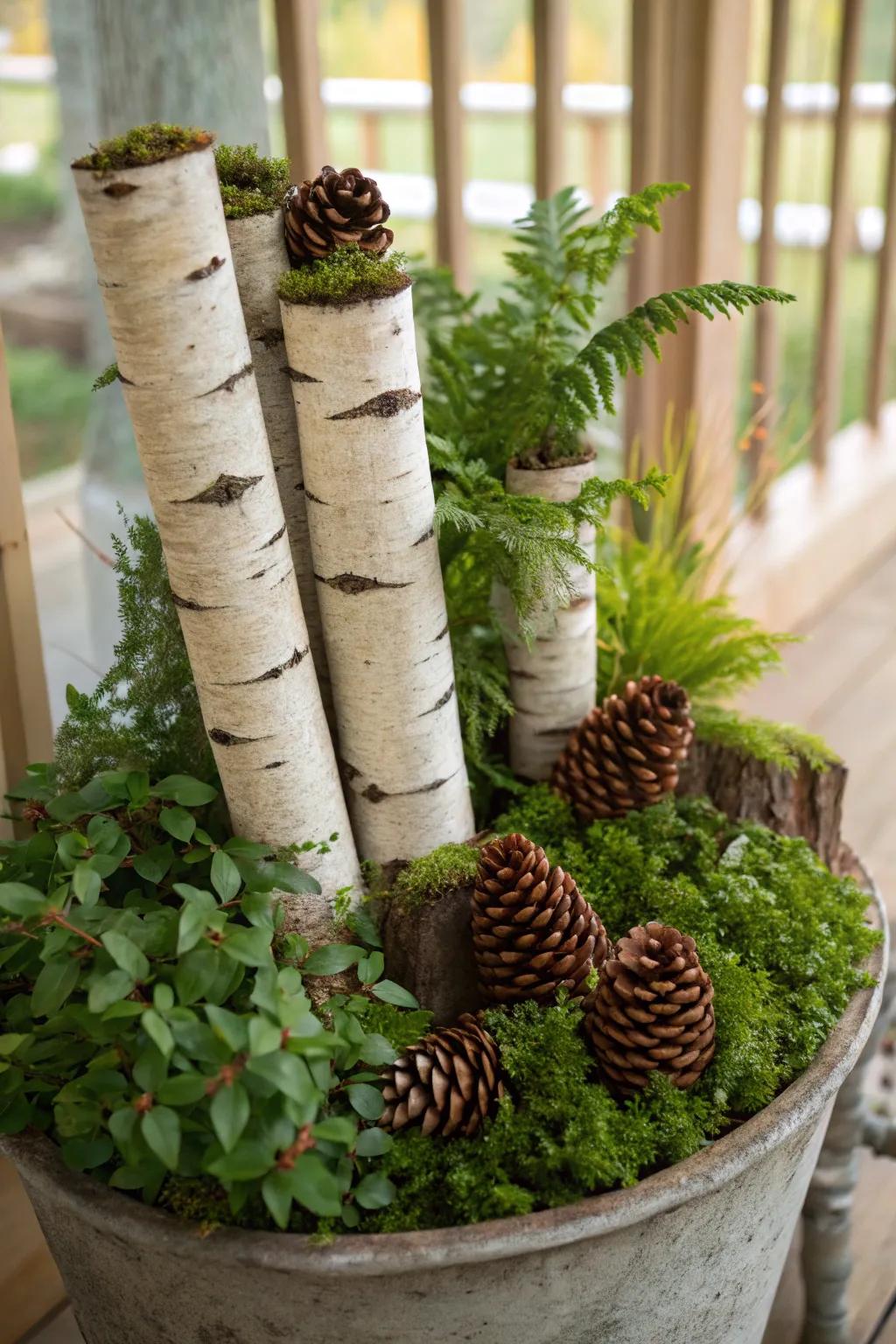 Birch logs provide height and a rustic feel to planters.