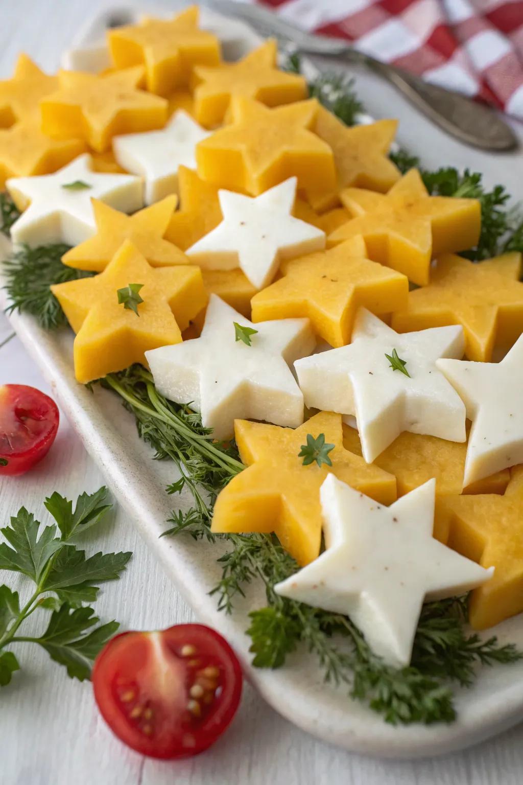 Star-shaped cheese snacks lending a festive accent.