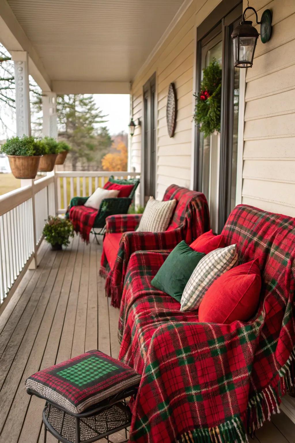 Snug textiles contribute warmth and splashes of color to seating on the porch.