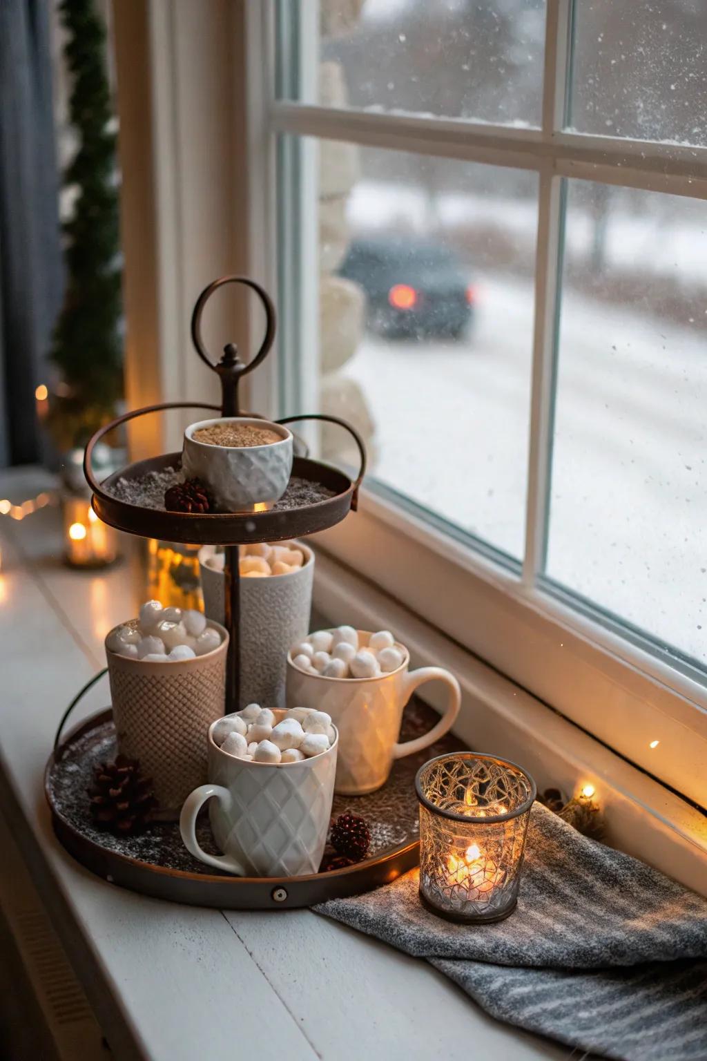 A welcoming and enticing warm cocoa nook on a tiered stand.
