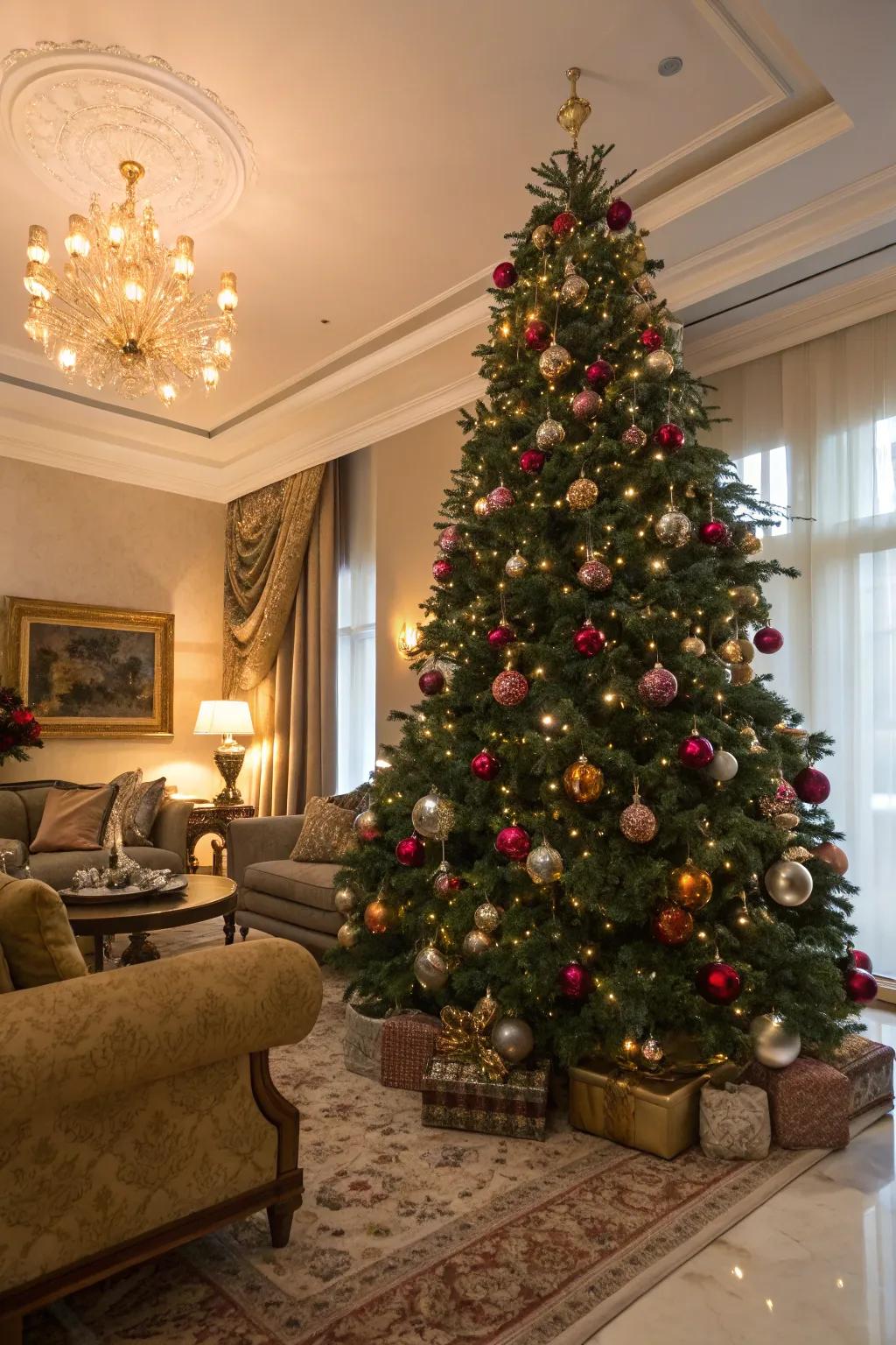 A luxurious Christmas tree featuring metallic ornaments and colored lights, exuding elegance and festive spirit.