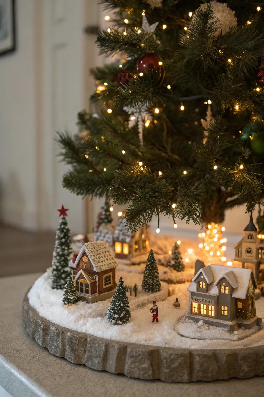 A magical village nestled under the Christmas tree adds festive charm.