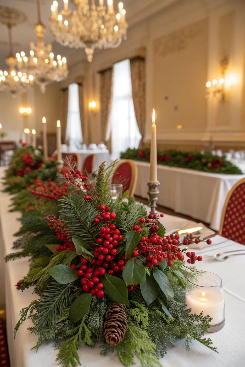 Striking vermilion berries make central decorations unforgettable.