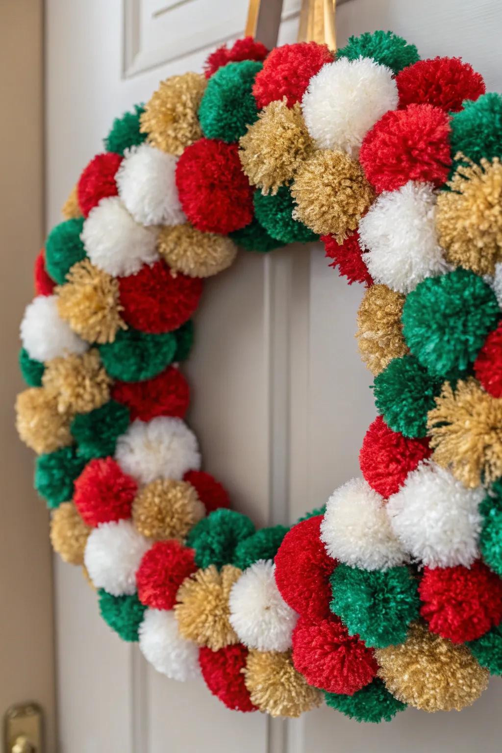 A cheerful woolen sphere wreath that lends a playful touch to any setting.