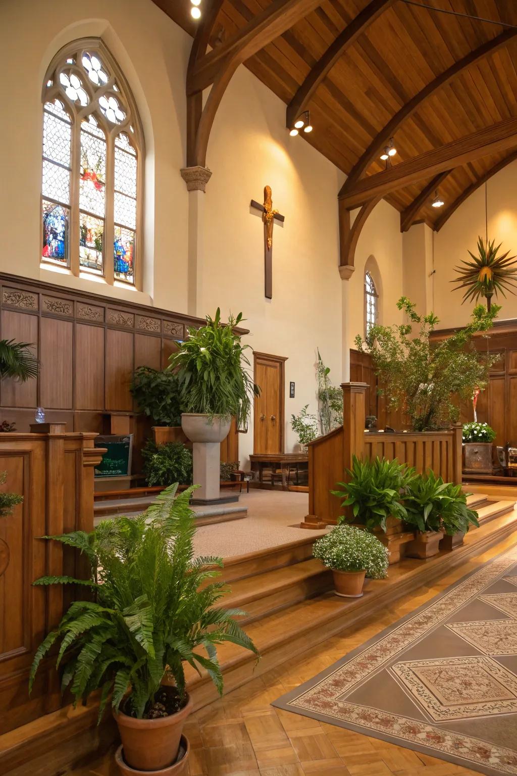 Church interior showcasing natural wooden features and container plants.