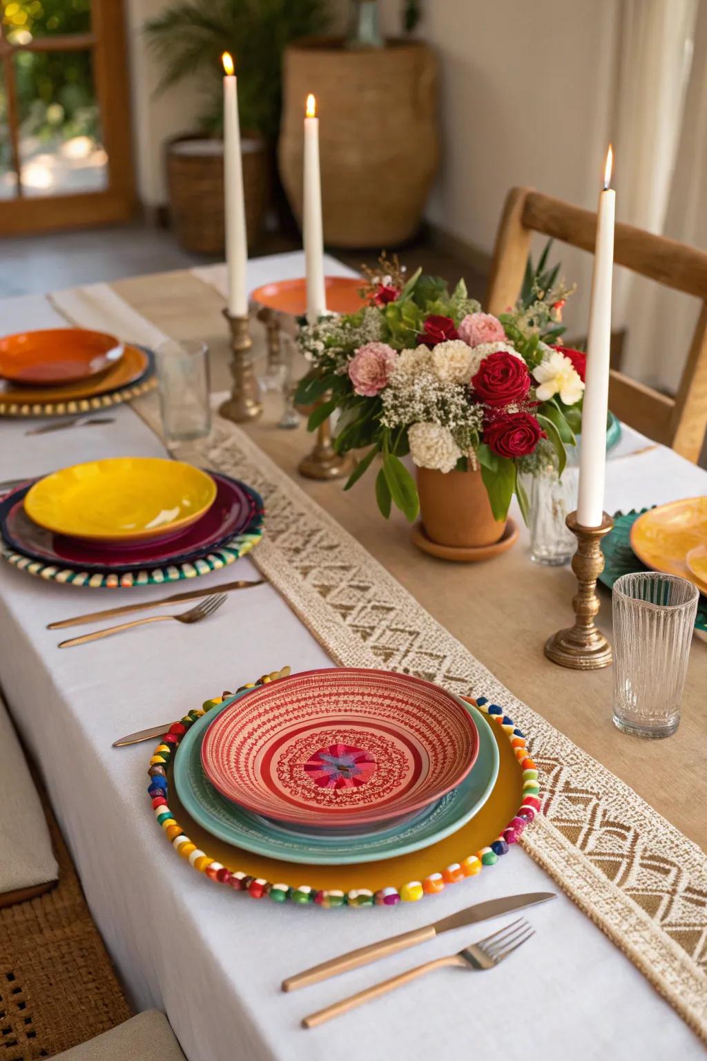 Celebratory table arrangements featuring serape fabrics and vibrant accents.