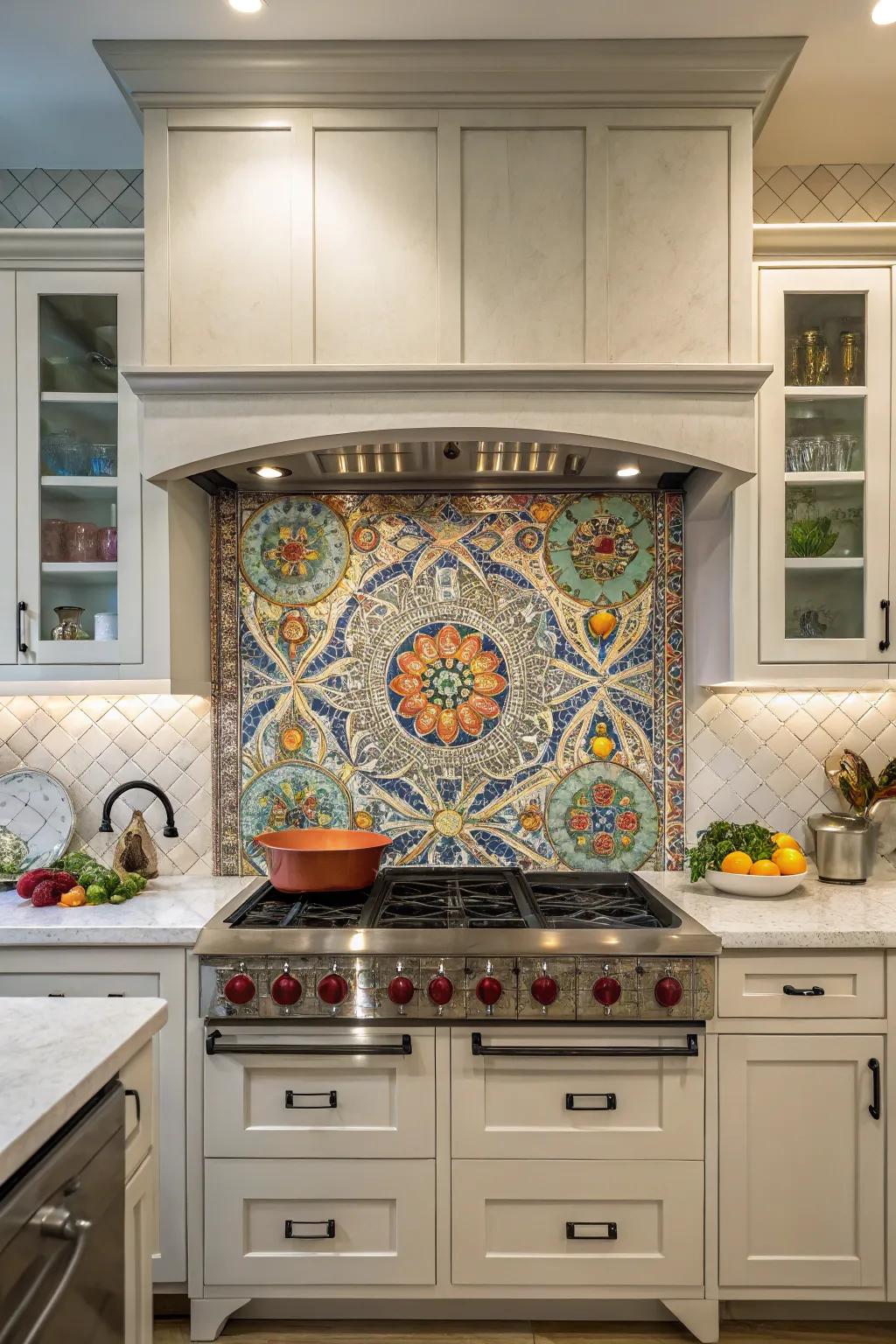 A detailed backsplash serves as an eye-catching feature in this kitchen.