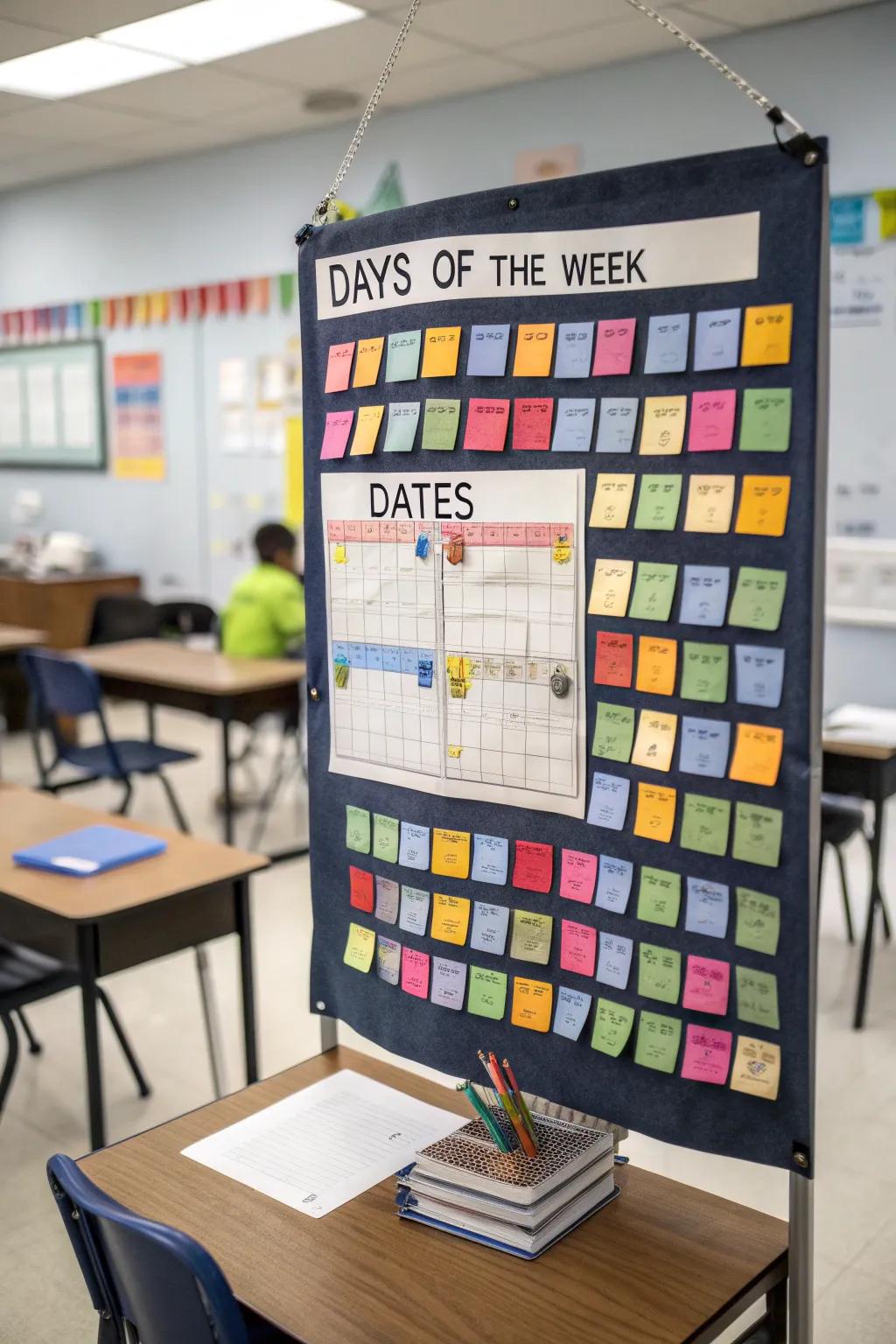An educational calendar board emphasizing days of the week and crucial dates.
