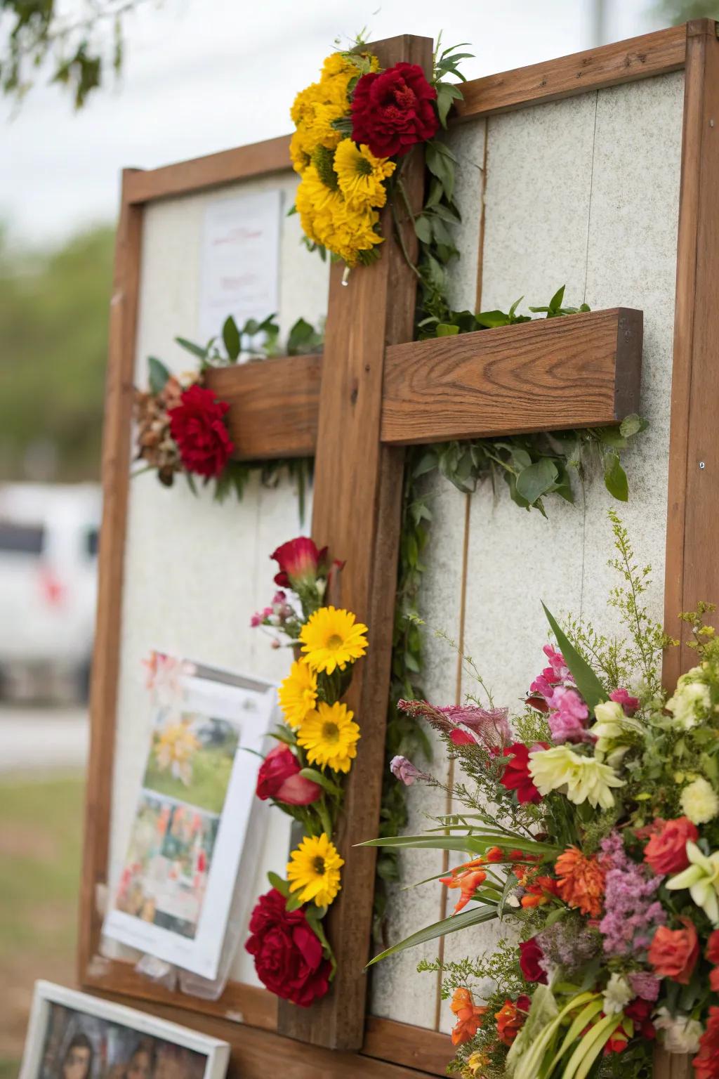 An Easter board displaying a spiritual theme centered around a cross and floral arrangements.
