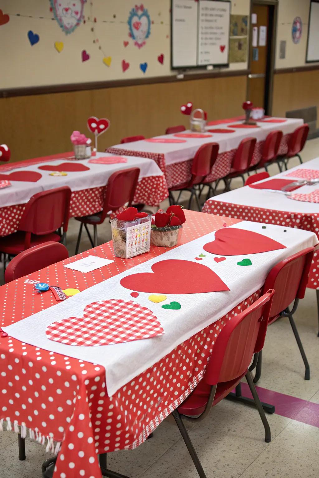 Celebratory table arrangements for a memorable Valentine's Time snack break.