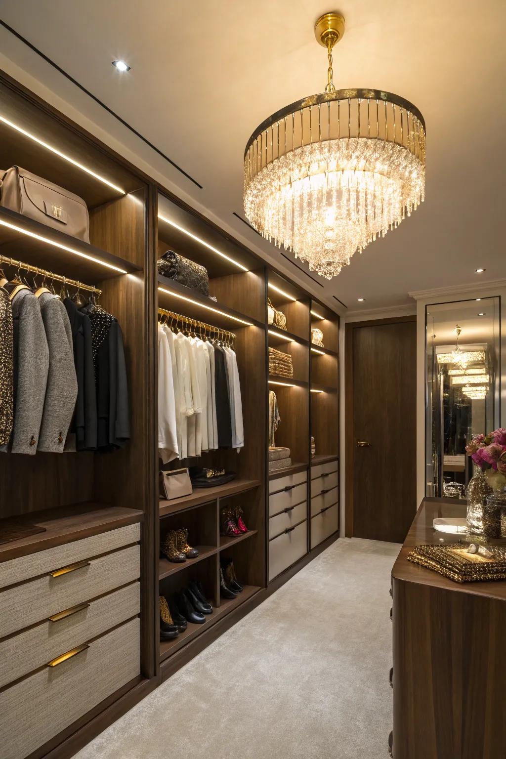 Elegant lighting enhances the closet's functionality and ambiance.
