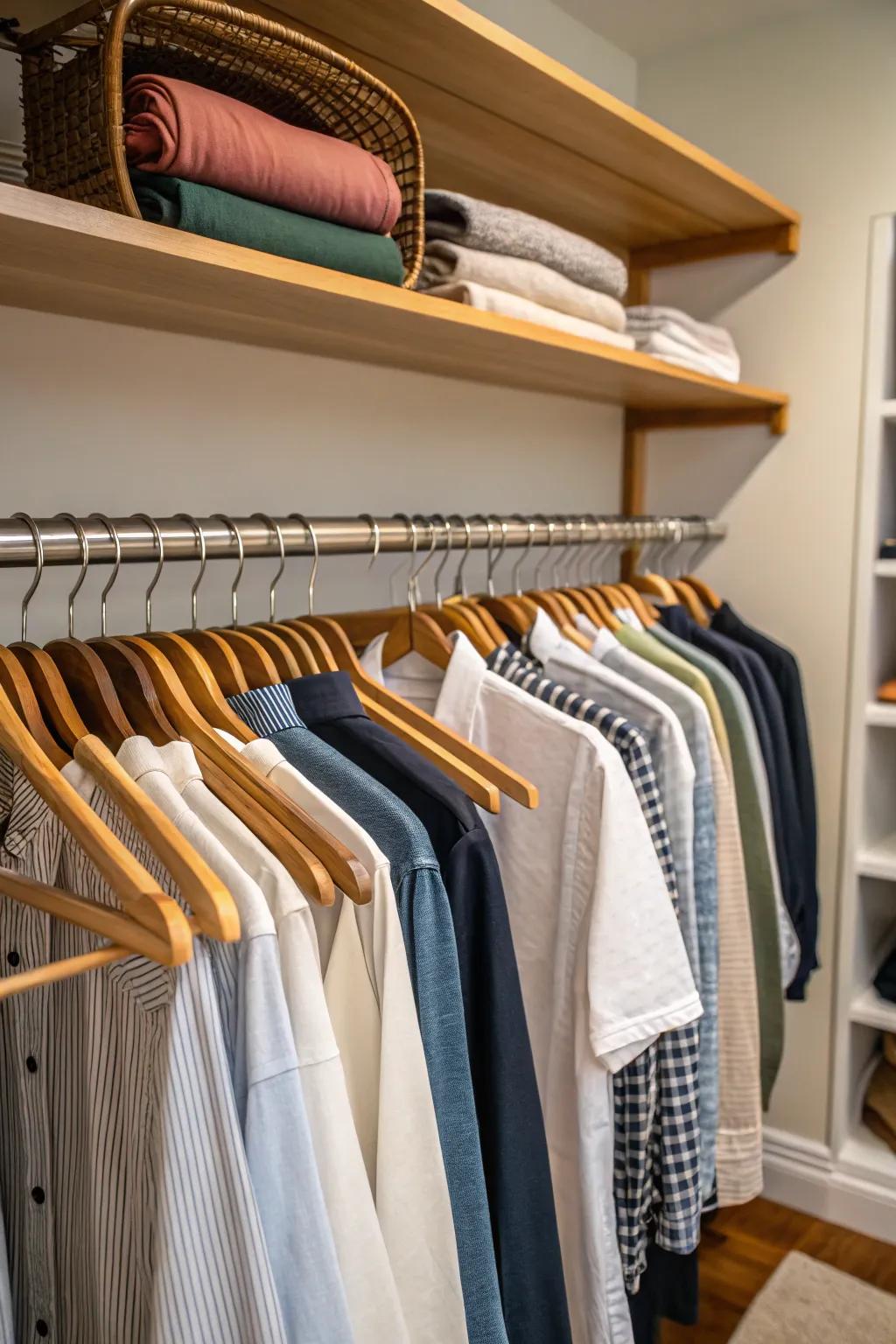 Wood rails bring a timeless elegance to wardrobe spaces.