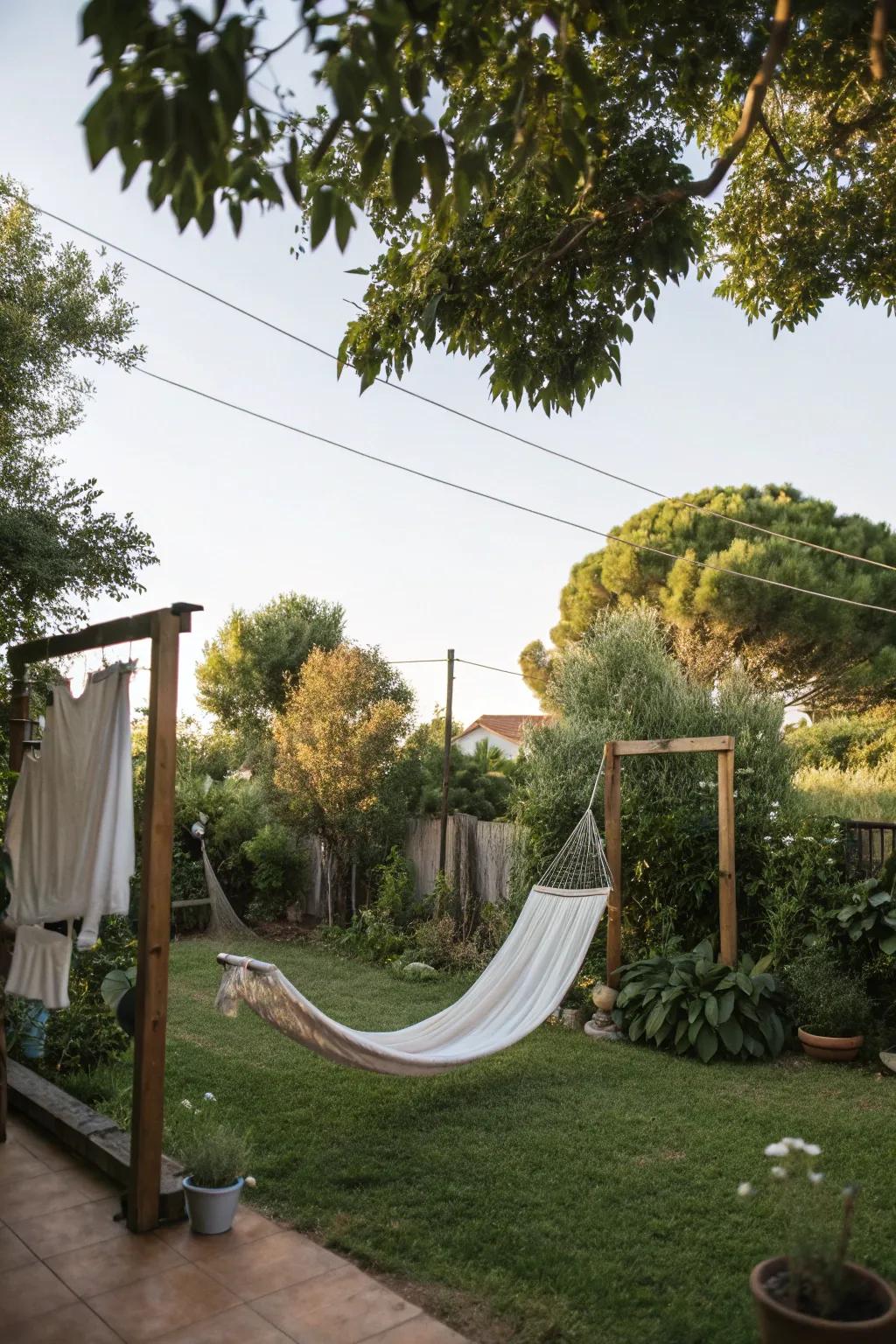 A clothesline that promotes relaxation with a hammock cover.