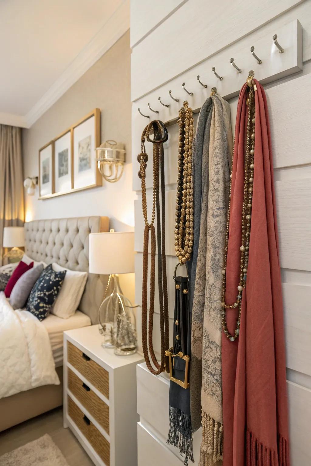 Hook racks keep accessories neatly organized.