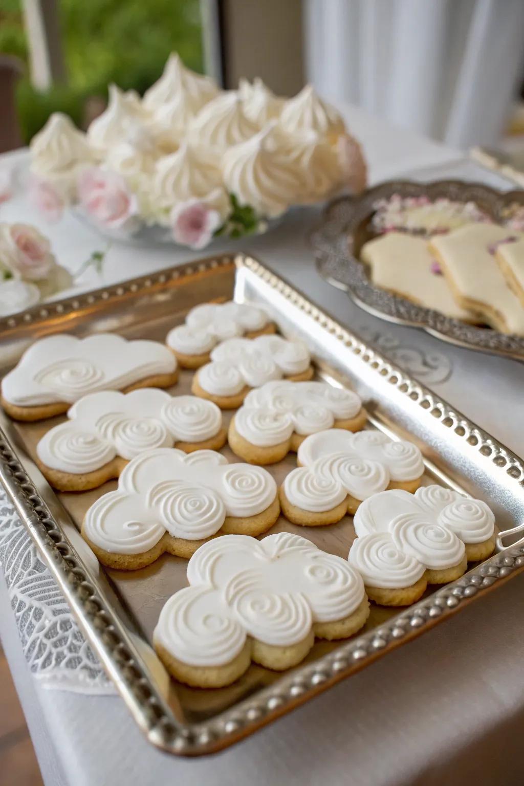 Delightful cumulus-shaped biscuits bestow a sugary thematic accent to the baby shower.