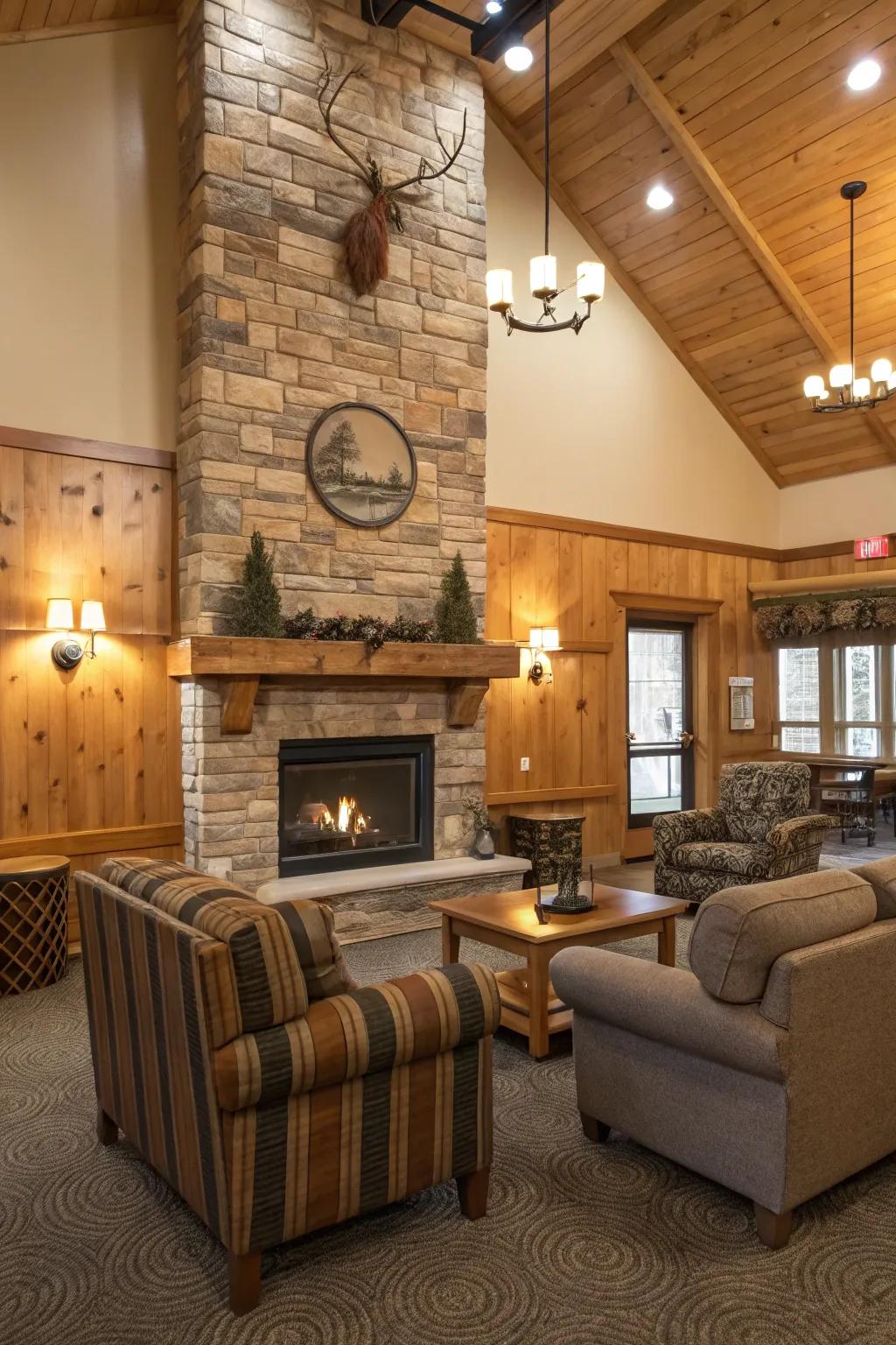 Cozy setting with a central fireplace inside a clubhouse.