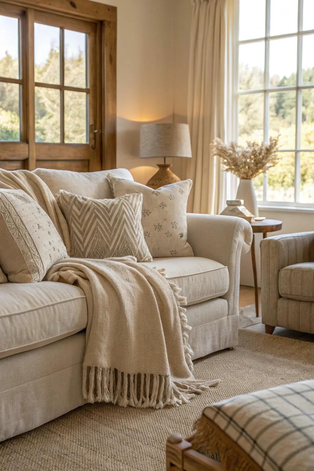 A living area enhanced by the sophistication of linen fabrics.