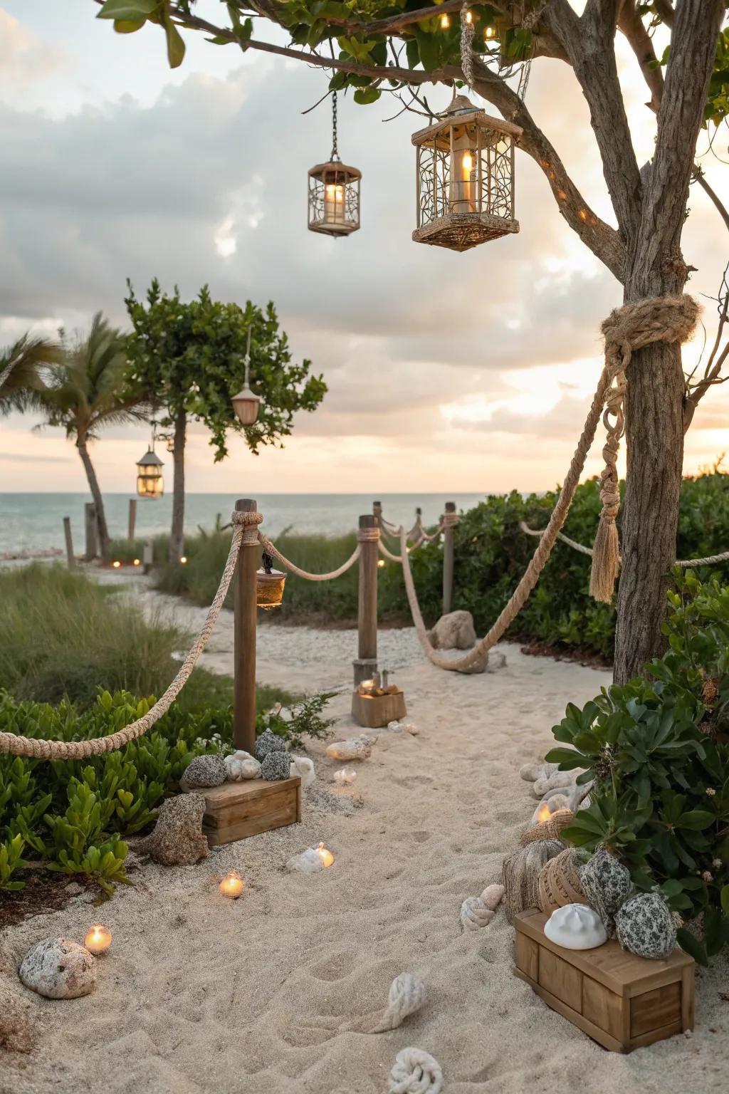 Beach elements such as ropes and lanterns conjure a seaside getaway.