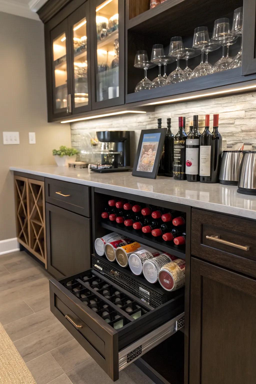 Smart organization solutions keep your bar area neat and functional.
