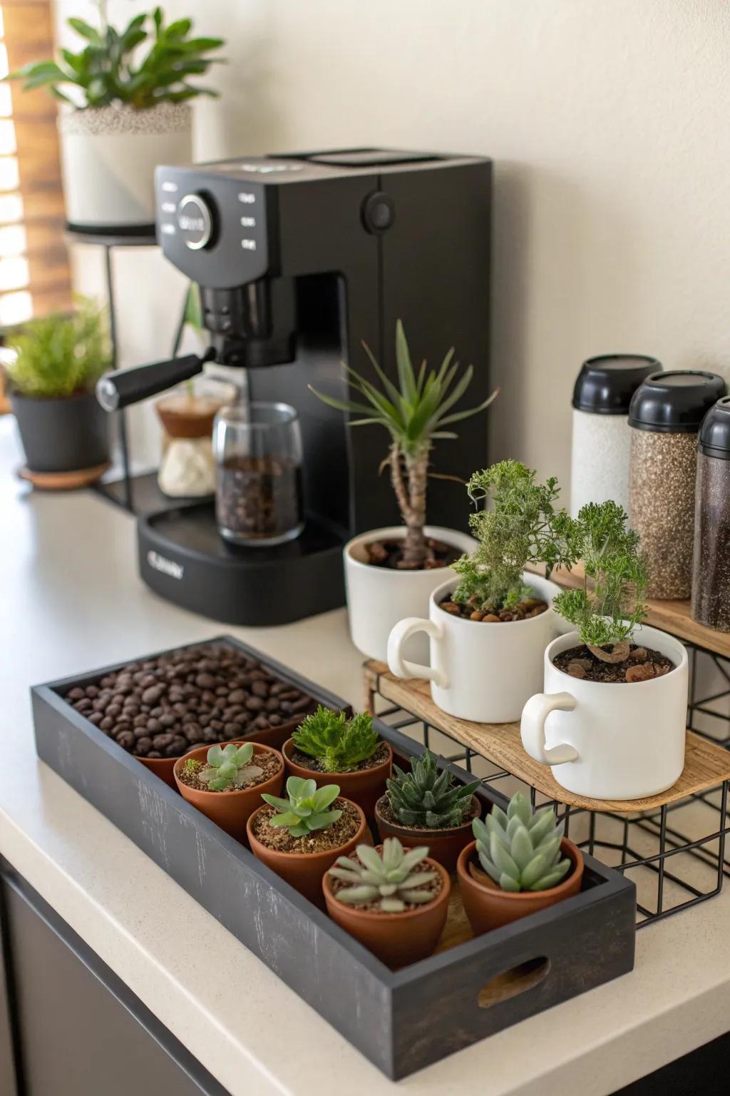 A hint of verdure with potted succulents.