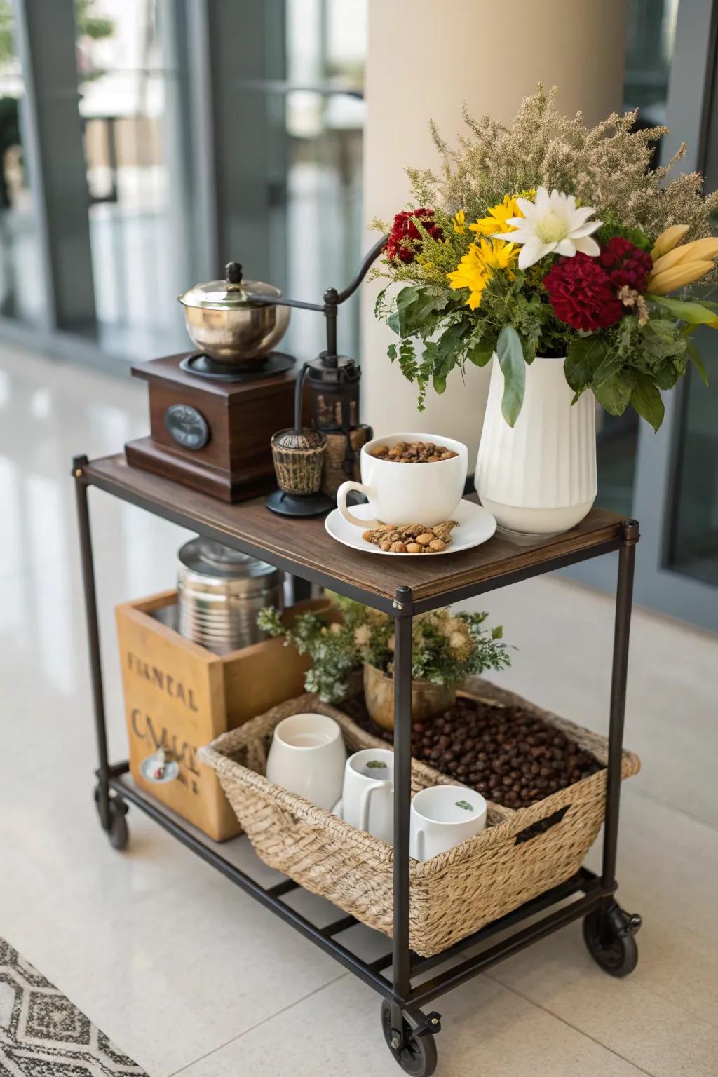 A mini trolley makes for a versatile and useful coffee spot.