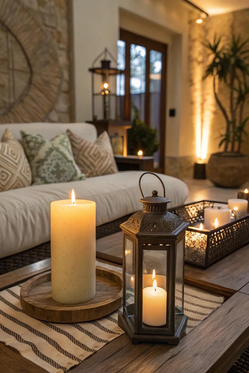 Illuminated candles establish a tranquil and cozy ambiance in your living area.
