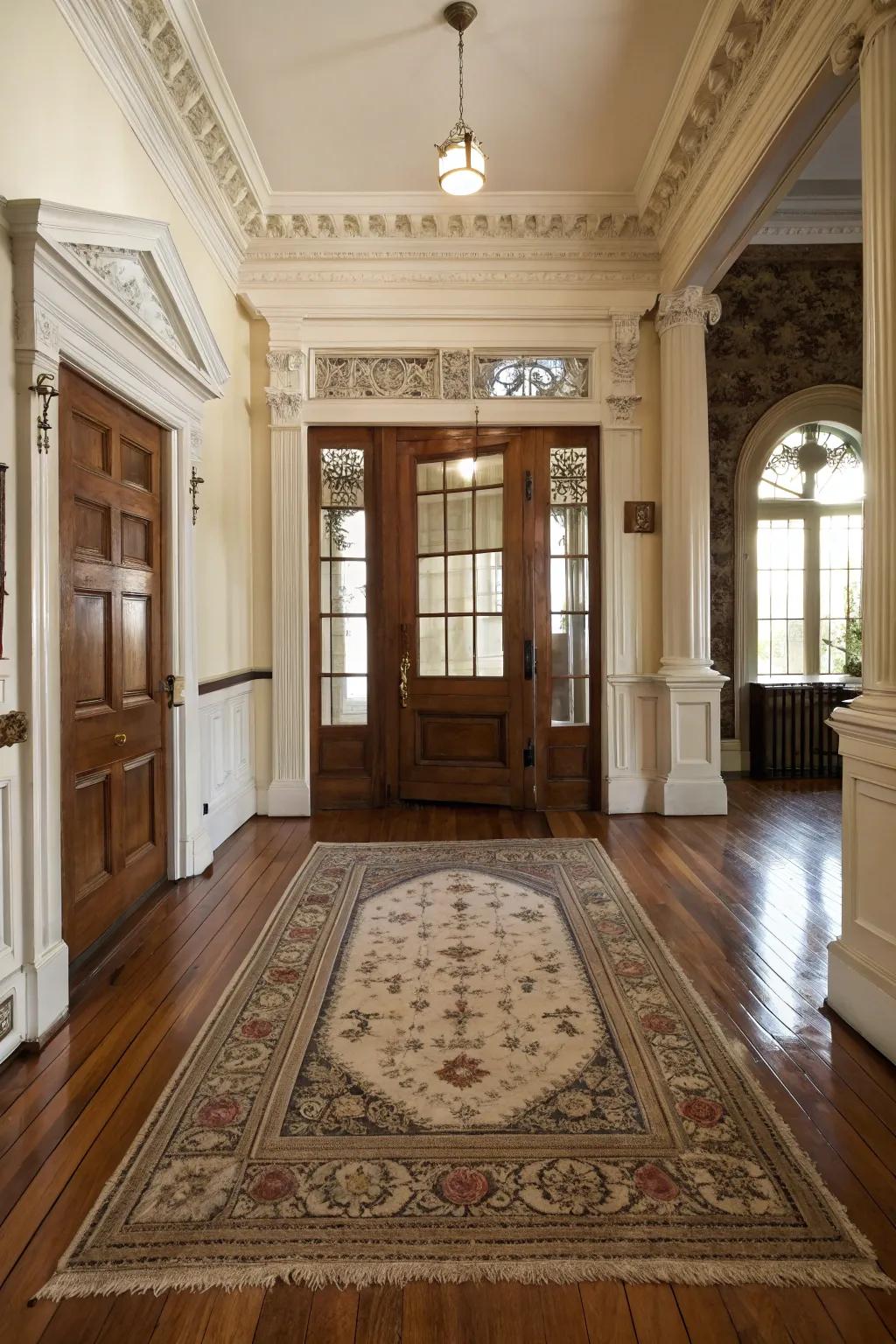 A period-style rug adds warmth to this colonial entryway.