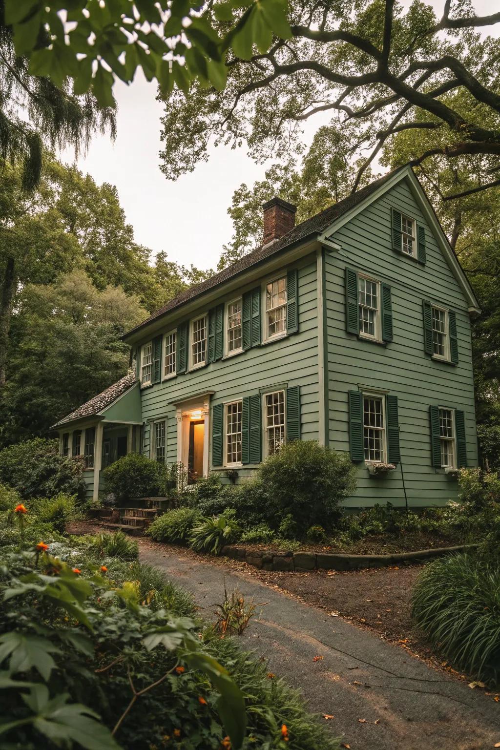 A colonial house harmonizing with nature through a soft verdant color scheme.