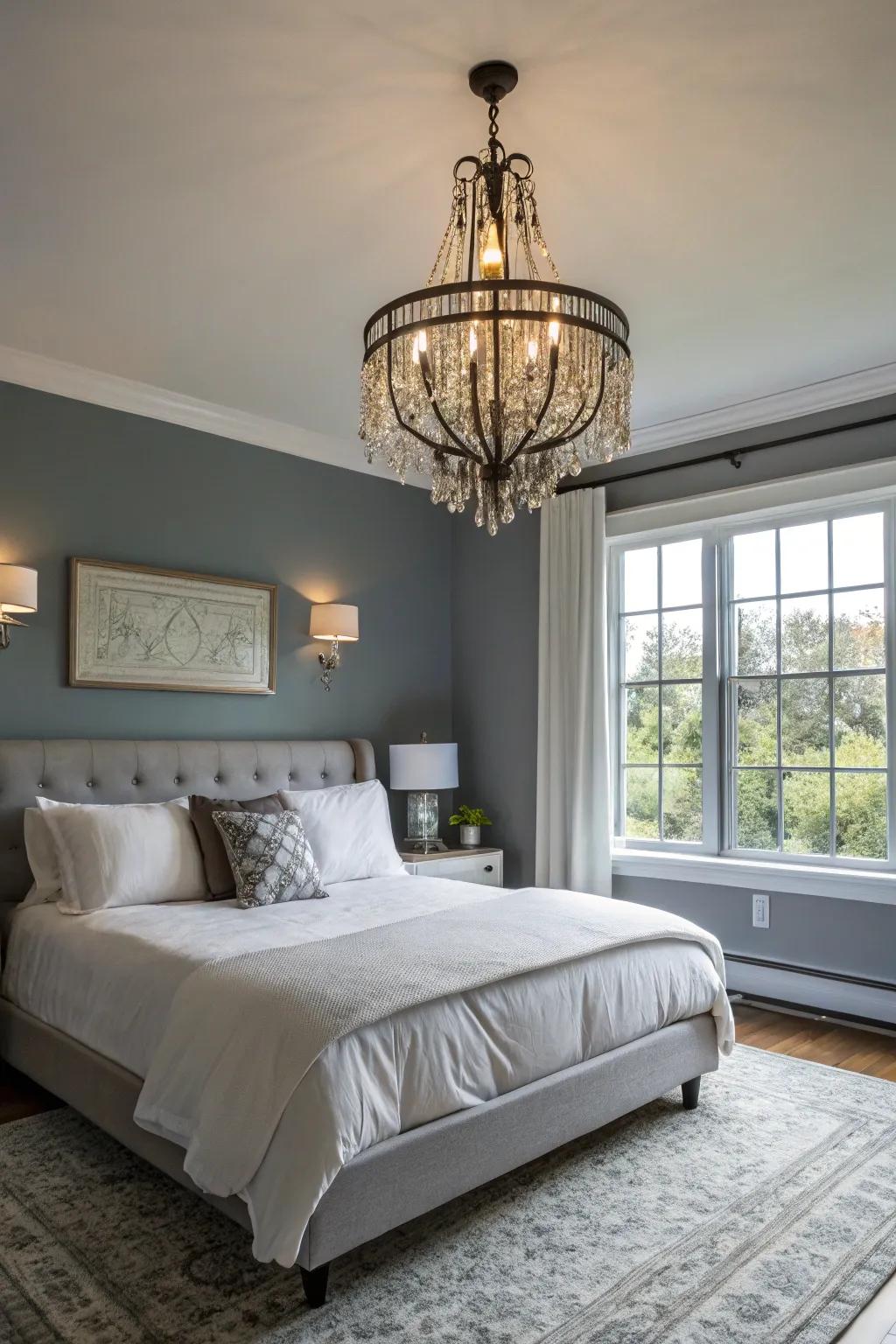 Sophisticated illumination elevates the style of this color-drenched bedroom.