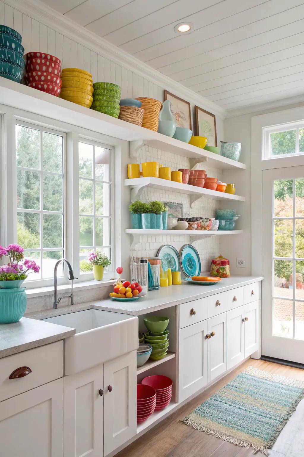 Exposed shelving featuring vivid tableware contributes adaptability and charm.