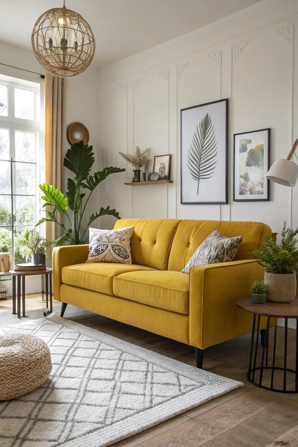 A marigold-toned sofa acts as a daring centerpiece in this lively living room.
